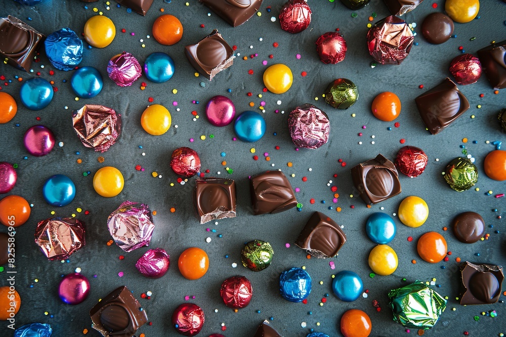 Poster diverse assortment of shiny wrapped chocolates and sweets covering a table. generative ai