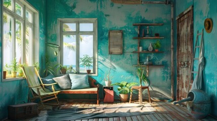 Obraz premium Coastal Farmhouse Living Room With Distressed Wood Furniture And Beachy Accents, Room Background Photos