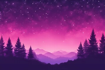 Nature landscape with gradient violet and pink starry sky, silhouette of  forest trees, mountains, nature background, template, purple, pink wallpaper 