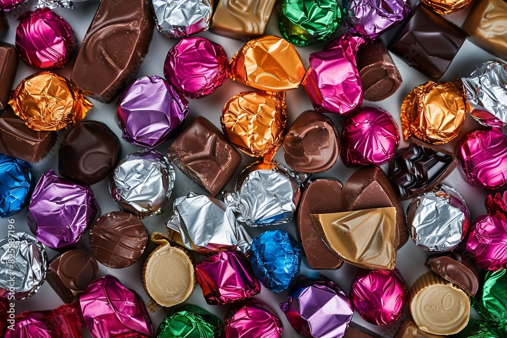 Poster A heap of colorful assorted chocolates stacked on top of each other, showcasing their vibrant wrappers and exquisite details. Generative AI