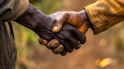 A firm handshake between two adult men of different ethnicities outdoors, symbolizing agreement and partnership.
