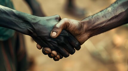 A firm handshake between two adult men of different ethnicities outdoors, symbolizing agreement and partnership.
