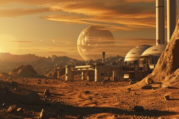 Captivating artwork of a human settlement on mars, featuring habitable domes and alien terrain
