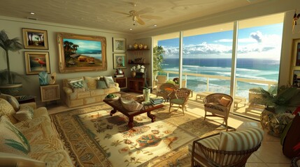 Coastal Retreat Living Room With Panoramic Ocean Views, Relaxed Furnishings, And Sea-Inspired...