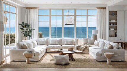 Coastal Retreat Living Room With Panoramic Ocean Views, Relaxed Furnishings, And Sea-Inspired Decor, Room Background Photos