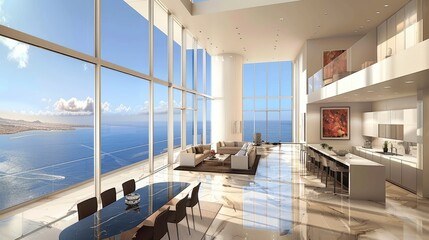 Contemporary Open-Plan Living Room With Floor-To-Ceiling Windows And Minimalist Decor, Room...