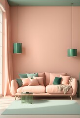 2024 Trend with Peach Fuzz Living Room with Pastel Wall Accent, Emerald Green Interior Design, Apricot Salmon Luxury Scene, 3D Render

