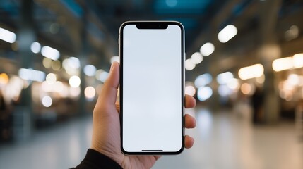 A Hand Holding a Smartphone with a Blank Screen in a Lit Indoor Environment.