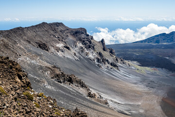 View down into the Haleakala crater from the rim, desolate landscape, Haleakalā National Park,...