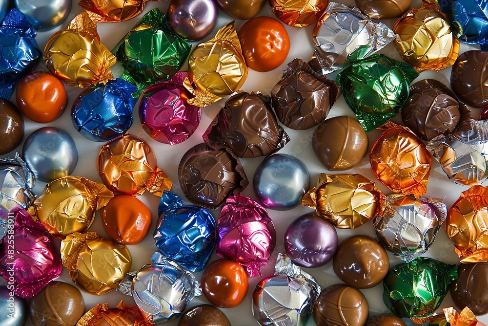 Poster a variety of vibrant chocolate candies arranged in a heap on a tabletop, featuring shiny wrappers an