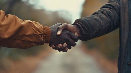 A firm handshake between two adult men of different ethnicities outdoors, symbolizing agreement and partnership.