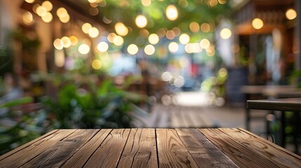 empty wood table in front of blur coffee shop restaurant