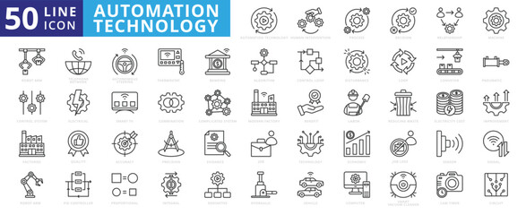 Automation technology icon set with robotic, autonomous, process, decision, relationship, machine, factory and control system.
