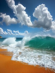 Fototapeta premium Stunning Coastal Scene: Crystal Clear Waves Crashing on Golden Sandy Beach Under a Vibrant Blue Sky with Fluffy White Clouds