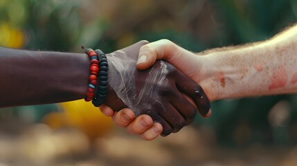 A firm handshake between two adult men of different ethnicities outdoors, symbolizing agreement and partnership.