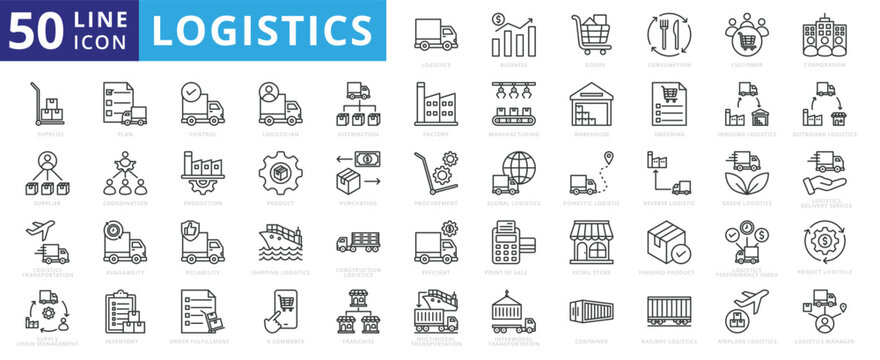 Logistics icon set with business, goods, consumption, customer, corporation, supplies, supplier and transportation.