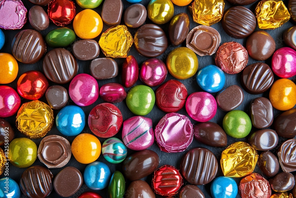 Poster a variety of colorful chocolate candies stacked on top of each other, featuring vibrant colors and s