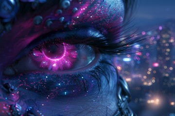 Cyberpunk inspired eye art featuring vivid magenta and blue hues, portraying a neon soaked vision of a digital future