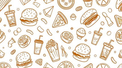 Fast food seamless pattern with vector line icons