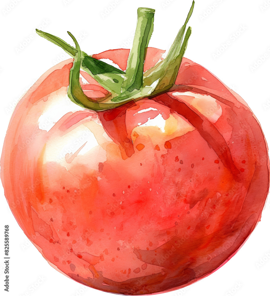 Wall mural bright red tomato with green stem painted in watercolor isolated on transparent background.