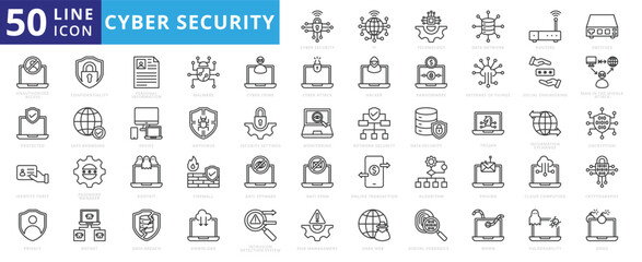 Cyber security icon set with information, technology, data network, malware, virus, unauthorized access and protected.