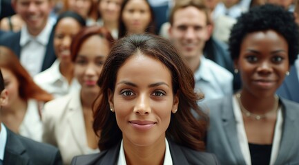 Fototapeta premium A group of business people are smiling, with one beautiful young businesswoman in the center of the frame facing forward. The crowd is standing and diverse, in business attire. generative AI