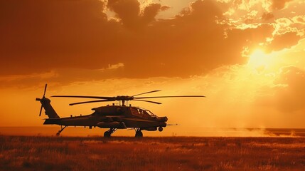 The Apache helicopter in a poised stance on an open field, the last rays of the sun casting a golden glow on its frame, emphasizing the calm before the storm of its imminent mission.