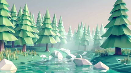 Create a serene low poly forest with pastel shaded trees and streams.
