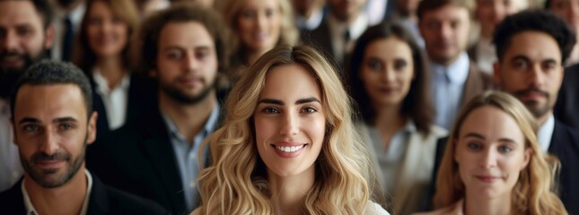 A group of business people are smiling, with one beautiful young businesswoman in the center of the frame facing forward. The crowd is standing and diverse, in business attire. generative AI