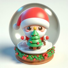 Animated character 3D image of cute, kind, little santa claus in a hat with a decorated christmas tree. composition in a ball