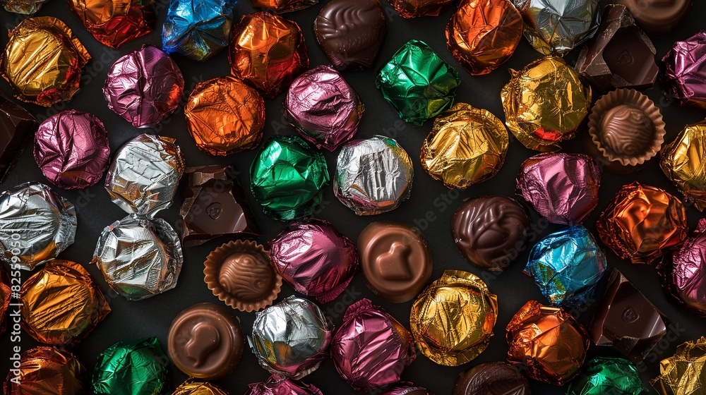 Poster assorted colorful chocolate candies piled high on a table, vibrant colors and shiny wrappers. genera