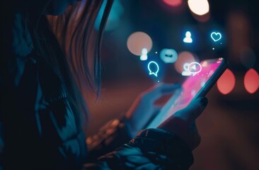 A close-up of a woman's hand using a mobile phone with a social media icon floating on the screen, a light bokeh background, the concept of online marketing.