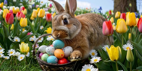Adorable Bunny with Basket of Colorful Easter Eggs Sitting in a Meadow Full of Vibrant Tulips and Daisies on a Sunny Spring Day