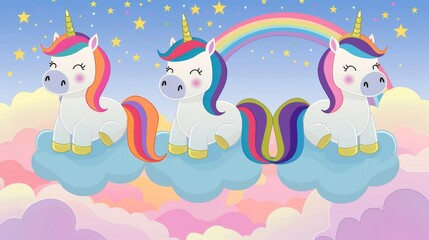 Naklejka premium Three cute unicorns with rainbow manes sitting on clouds under a bright rainbow sky with twinkling stars and pastel clouds