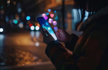 A close-up of a woman's hand using a mobile phone with a social media icon floating on the screen, a light bokeh background, the concept of online marketing.
