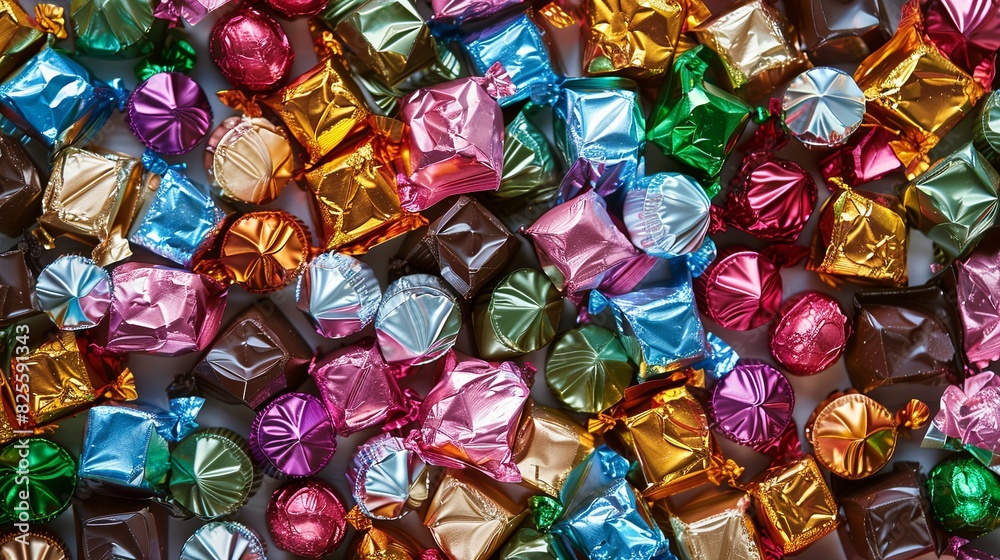 Poster colorful assortment of chocolate candies wrapped in shiny foil in a scattered pile. generative ai