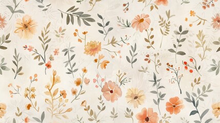 Beautiful floral pattern with delicate, colorful flowers and leaves on a soft, pale background. Background with copy space. 