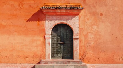 Naklejka premium Ornate wooden door with intricate designs set in a vibrant orange wall under sunlight. Background with copy space. 