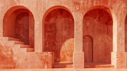 Terracotta arches and stairs in a sunlit, minimalistic architectural design with texture and color contrasts. Background with copy space. 