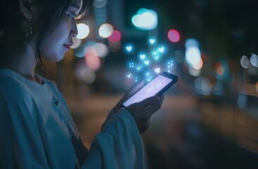 A close-up of a woman's hand using a mobile phone with a social media icon floating on the screen, a light bokeh background, the concept of online marketing.