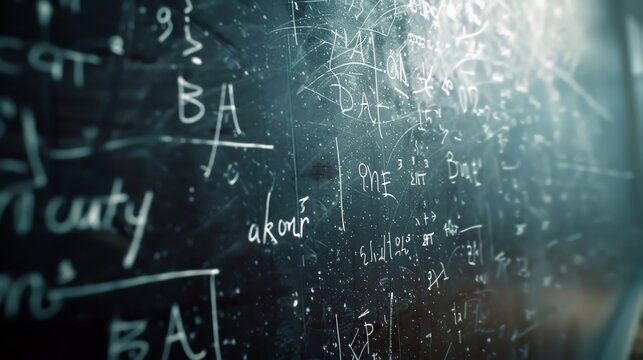Close-up of a chalkboard covered in mathematical equations and formulas, representing complex problem-solving and academic study.