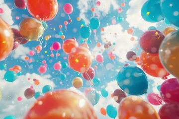 Vibrant helium balloons float towards fluffy clouds on a bright day, symbolizing celebration and joy
