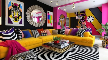 Obraz premium Living Room With A Bold, Eclectic Mix Of Colors And Patterns, Room Background Photos