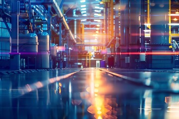 Fototapeta premium Factory floor overview close up, focus on, copy space, vibrant colors, double exposure silhouette with production