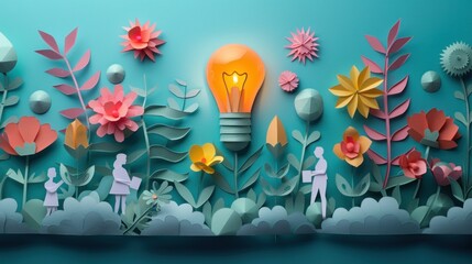 Illustrate a paper cut scene featuring a diverse team of professionals working together in a joint business startup