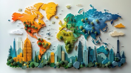 Illustrate a paper cut style map highlighting the locations of joint business operations around the world