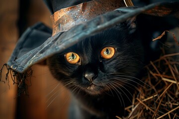 Mischievous black cat in witch's lair with towering hat, creating an enchanting and mysterious ambiance