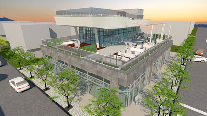 view of a city, 3d architectural illustration of a modern restaurant building with exterior terrace at sunset