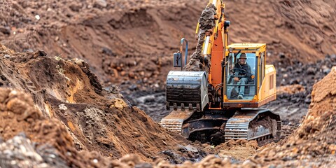 Obraz premium Digging Soil at Construction Site with Operator Visible in Cab, Surrounded by Dirt and Unearthed Rocks