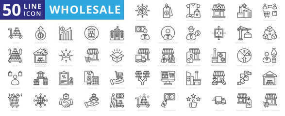 Wholesale icon set with merchandise, retailers, industrial, commercial, goods, bulk, consumer, buying and higher price.